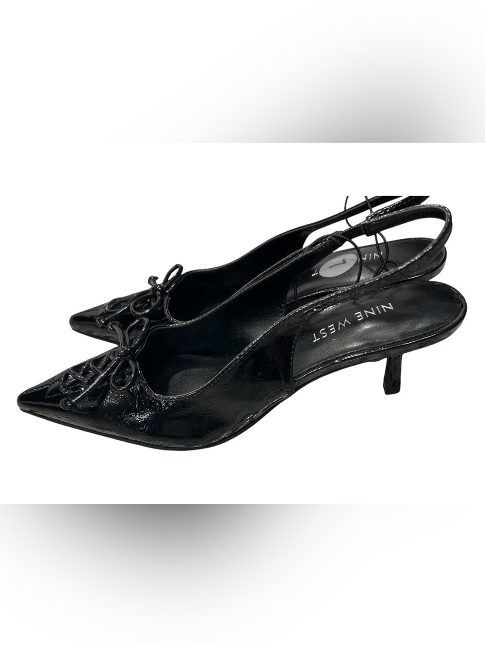 Nine West Black Patent Slingback Kitten Heels Lace Up Bow Pointed Toe Size 7M